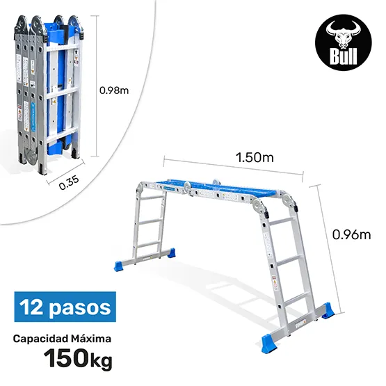 ESCALERA ALUMINIO MULTIUSOS + PLATAFORMA 12 PASOS 150KG AM150-12IA+ PASOS AMERICAN BULL