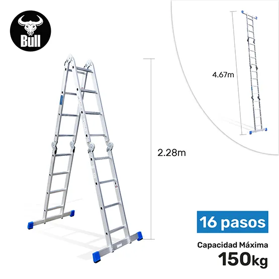 ESCALERA ALUMINIO MULTIUSOS 16 PASOS 150KG AM150-16IA AMERICAN BULL