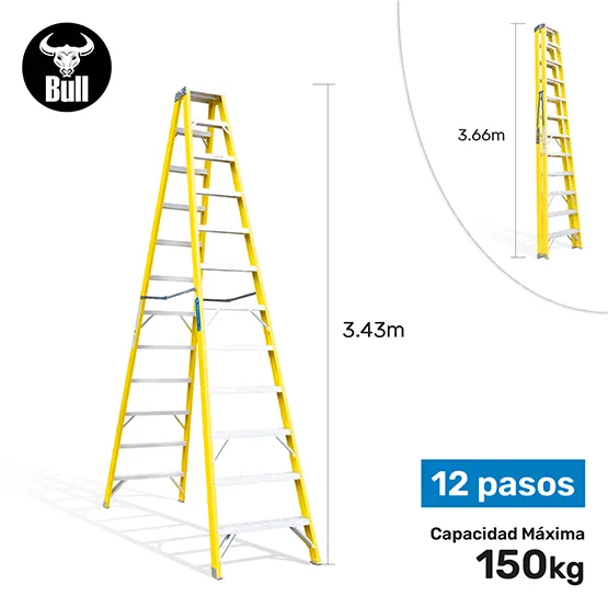 ESCALERA FIBRA TIJERA DOBLE ACCESO 12 PASOS 150KG 3.66m FTD150-12IA AMERICAN BULL