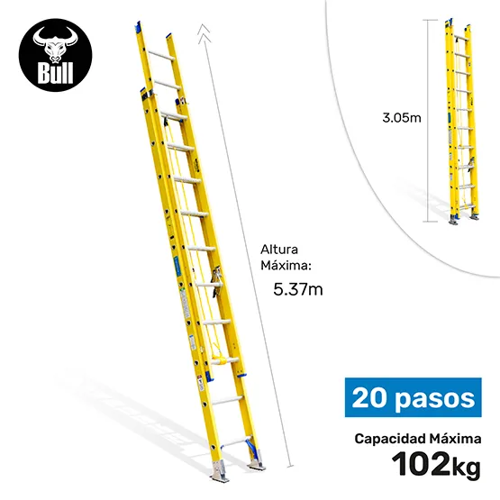 ESCALERA FIBRA TELESCOPICA 20 PASOS 102KG 5.37m FTT102-20II AMERICAN BULL