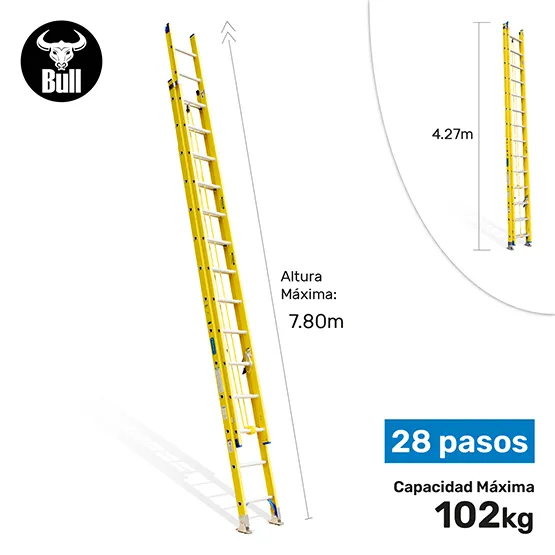 ESCALERA FIBRA TELESCOPICA 28 PASOS 102KG 7.80m FTT102-28II AMERICAN BULL