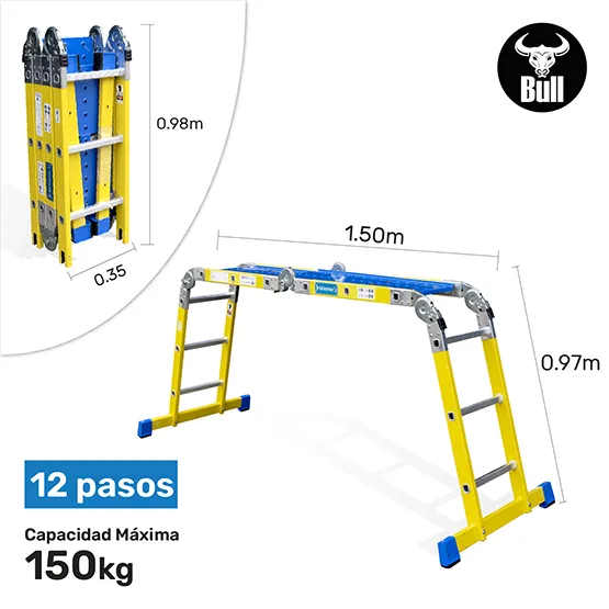 ESCALERA FIBRA MULTIUSOS + PLATAFORMA 12 PASOS 150KG FM150-12IA+ PASOS AMERICAN BULL