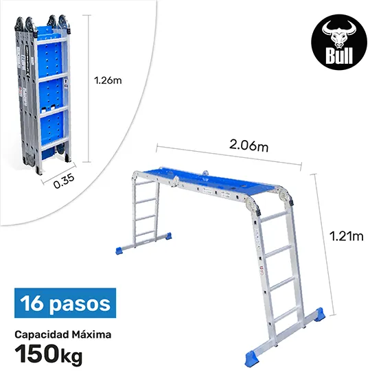 ESCALERA ALUMINIO MULTIUSOS + PLATAFORMA 16 PASOS 150KG AM150-16IA+ PASOS AMERICAN BULL