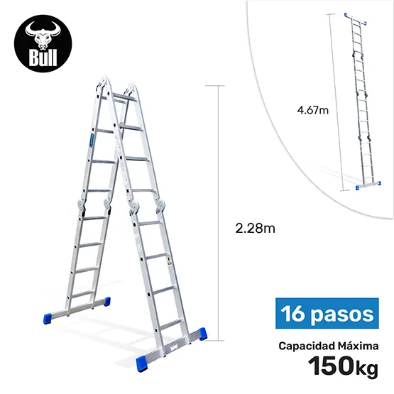 ESCALERA ALUMINIO MULTIUSOS + PLATAFORMA 16 PASOS 150KG AM150-16IA+ PASOS AMERICAN BULL