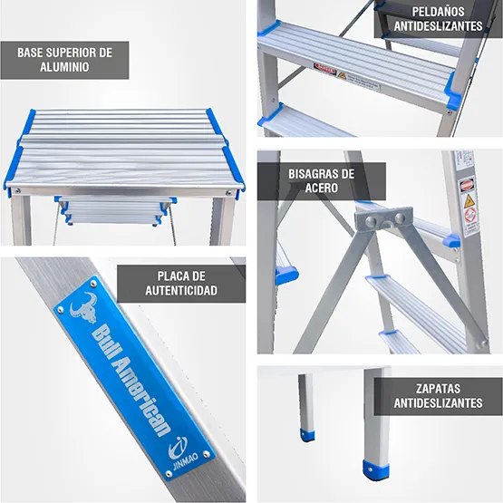 ESCALERA ALUMINIO TIPO BANQUETA DOBLE 3 PASOS 150KG 0.66m ABD150-3IA AMERICAN BULL