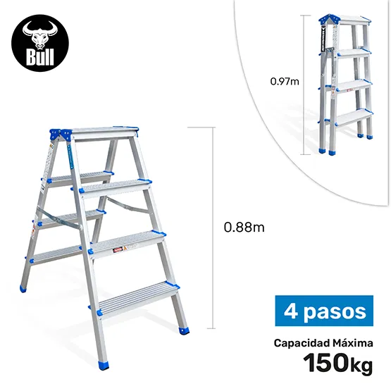 ESCALERA ALUMINIO TIPO BANQUETA DOBLE 4 PASOS 150KG 0.88m ABD150-4IA AMERICAN BULL