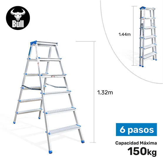 ESCALERA ALUMINIO TIPO BANQUETA DOBLE 6 PASOS 150KG 1.32m ABD150-6IA AMERICAN BULL