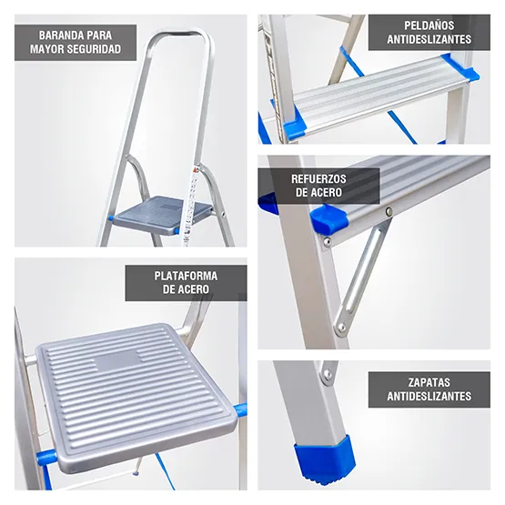 ESCALERA ALUMINIO TIPO BANQUETA ECONOMIC 6 PASOS 150KG 1.28m EAB150-6IA AMERICAN BULL