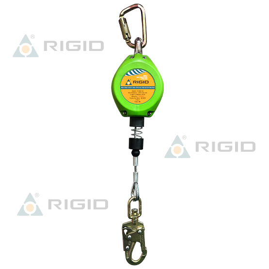 LÍNEA RETRÁCTIL N-9420-20 · LONGITUD: 6 m (20 ft) · CABLE DE ACERO: 4.8 mm (3/16”) · ABSORBEDOR INTERNO · MOSQUETÓN N-252 + GANCHO ACERO 21 mm N-3615 · RIGID