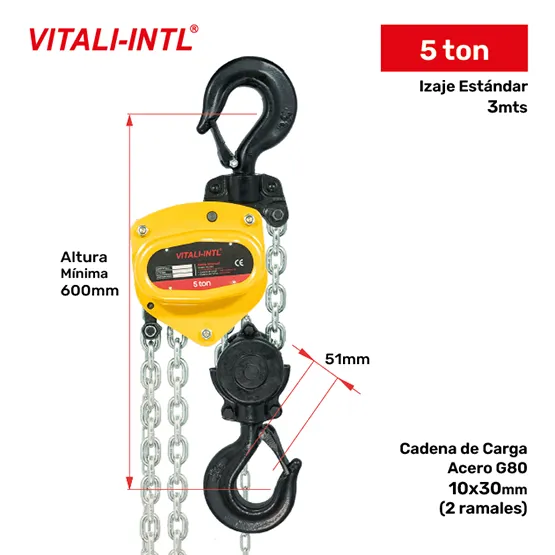 TECLE MANUAL 5T YAL0500 3mtsCARGA 10x30mm(2) G80 - 3mtsMANDO 5x25x17mm(2) VITALINTL